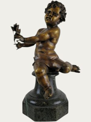 Gran putto barroco francés en bronce con tulipán, hacia 1880