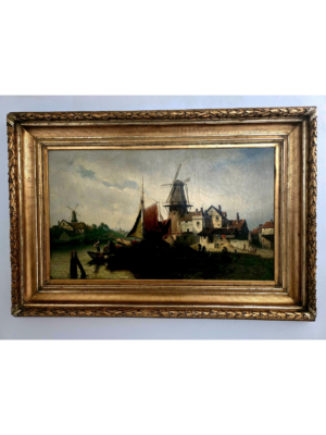 Monumental painting of a Dutch harbor scene