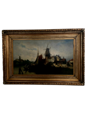 Pintura monumental de una escena portuaria holandesa