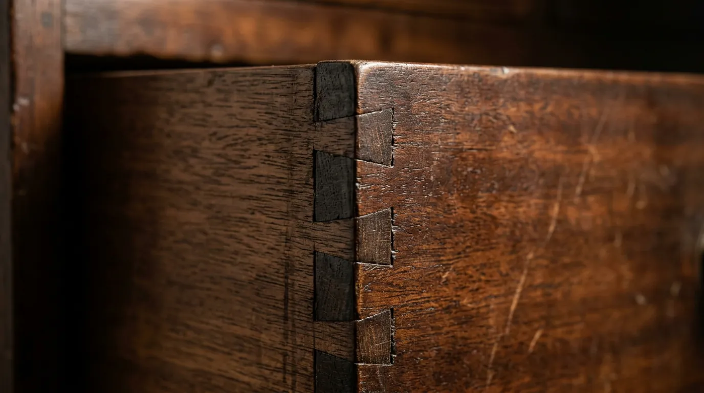 Detalle de las juntas de cola de milano en un cajón de madera maciza antigua, mostrando el desgaste natural y la artesanía tradicional.